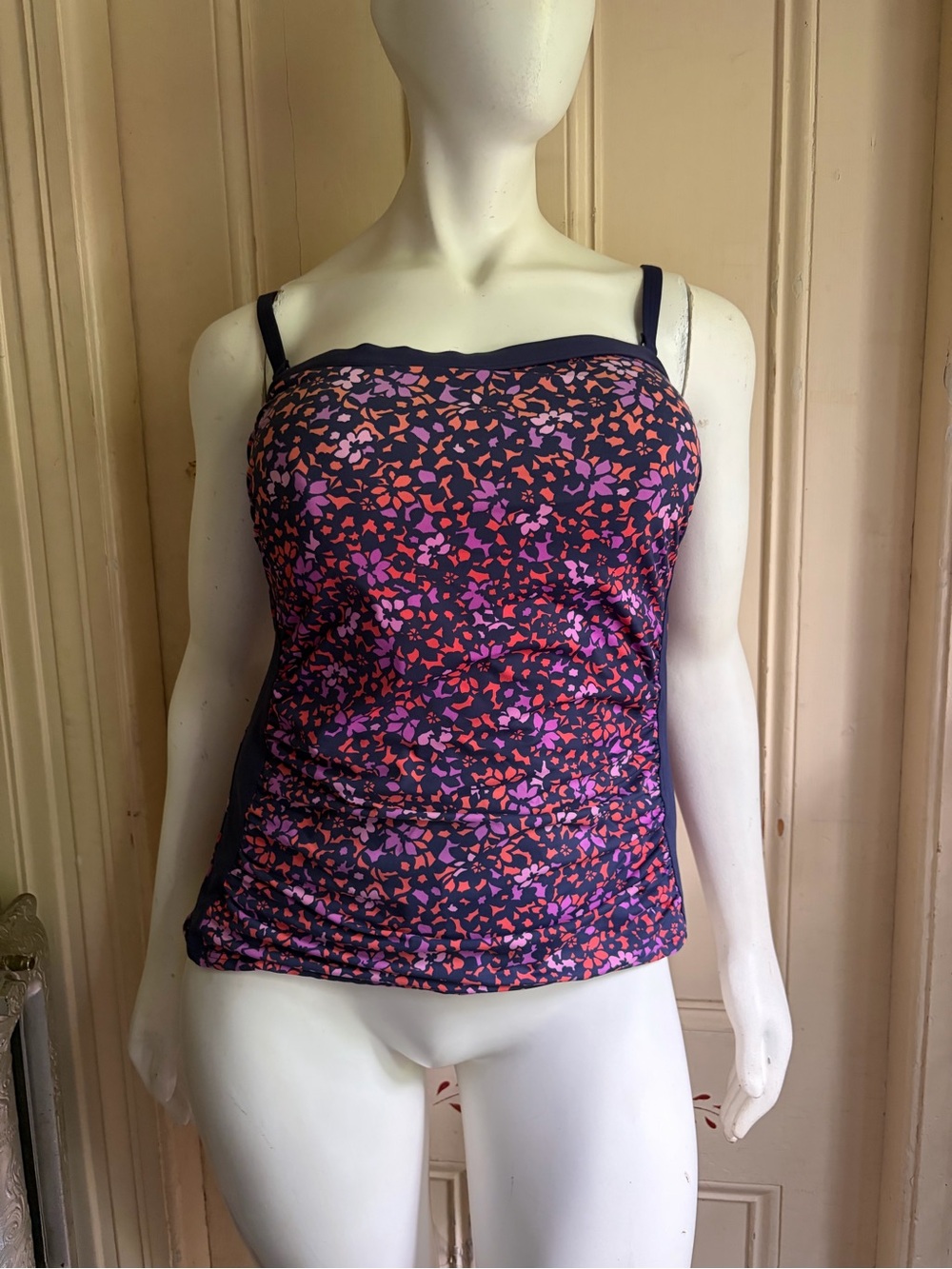 Lands' End Navy Bandeau Tankini Top with Pink & Coral Floral Print